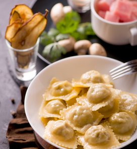 Ravioli with turkey, mushrooms, and pear