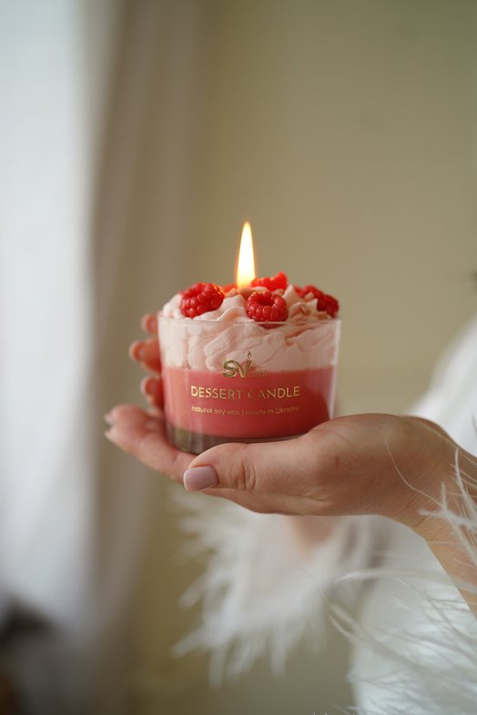 Raspberry dessert candle is scented.