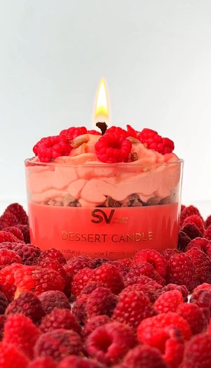 Raspberry dessert candle is scented.